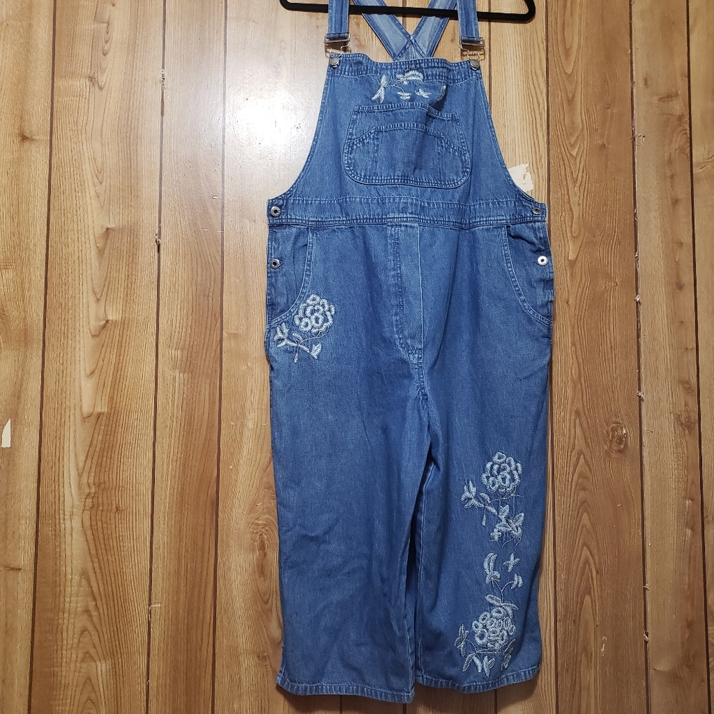 Denim Embroidered Crop Overalls - Blue